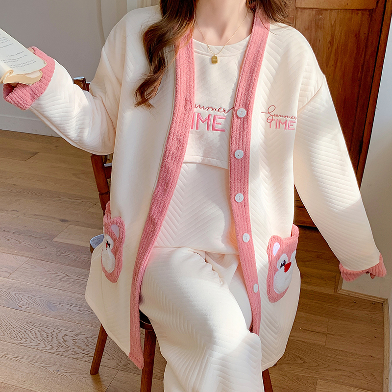 空气棉加厚孕妇衣服韩版孕妇睡衣秋季三件套装秋冬季加棉保暖宽松