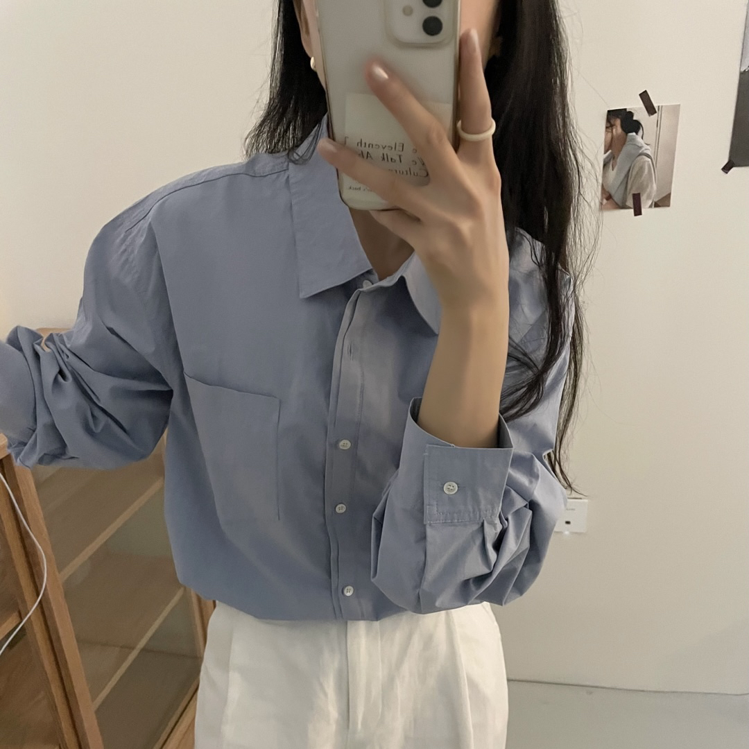 法式复古设计感高级简约翻领衬衣阔版宽松莫兰迪色系长袖上衣女