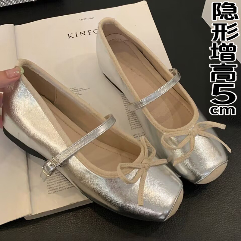 一字带蝴蝶结温柔单鞋新款仙女风奶奶鞋内增高5公分浅口玛丽珍鞋