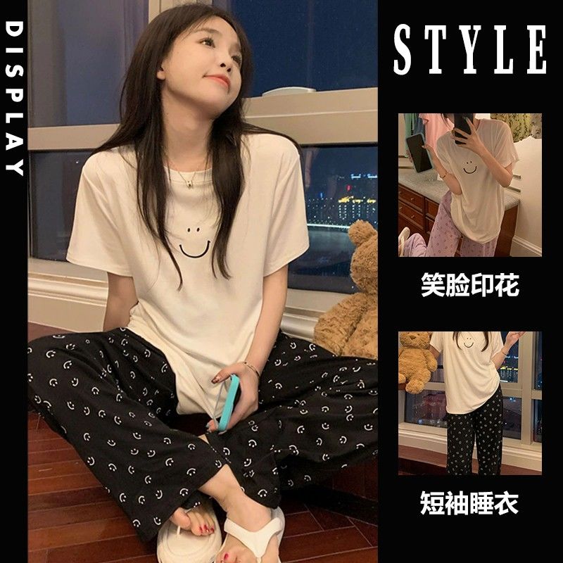 韩版简约2024新款短袖白色T恤睡衣女夏天大码休闲家居服长裤套装