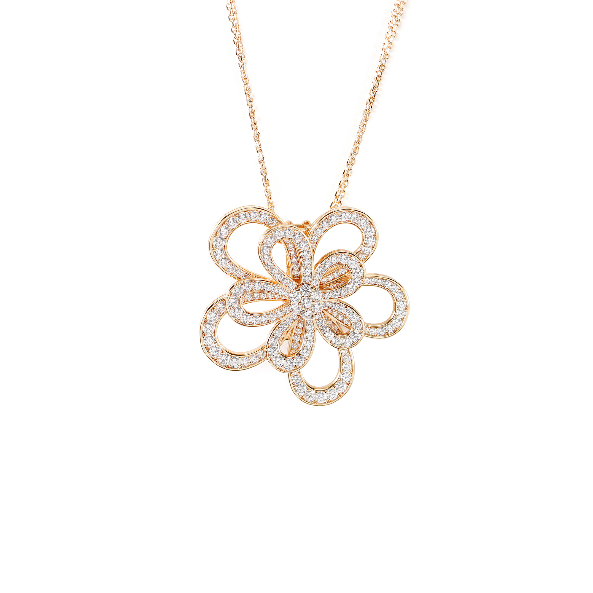 铜合金项链 CNC 精工 经典双层满钻富贵花大花（可当胸针）项链