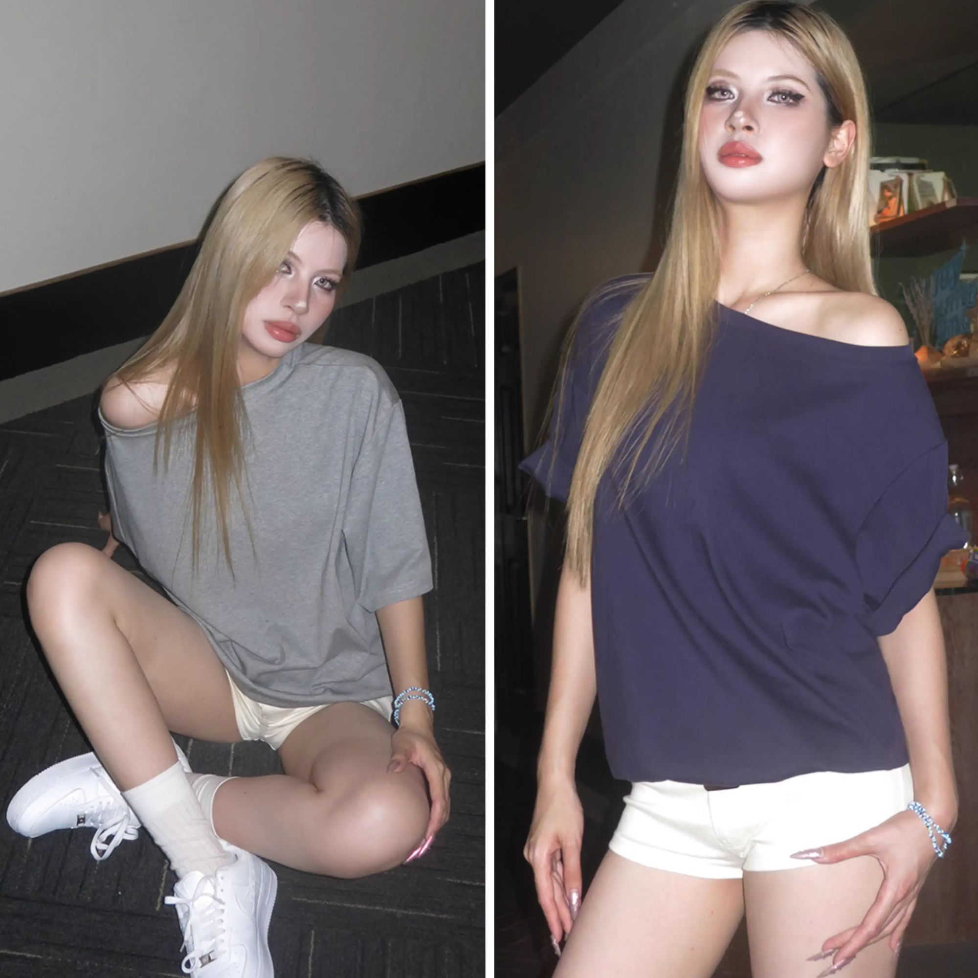 3660Audwyn圆领斜肩廓形休闲T恤短袖卫衣宽松显瘦休闲百搭露肩