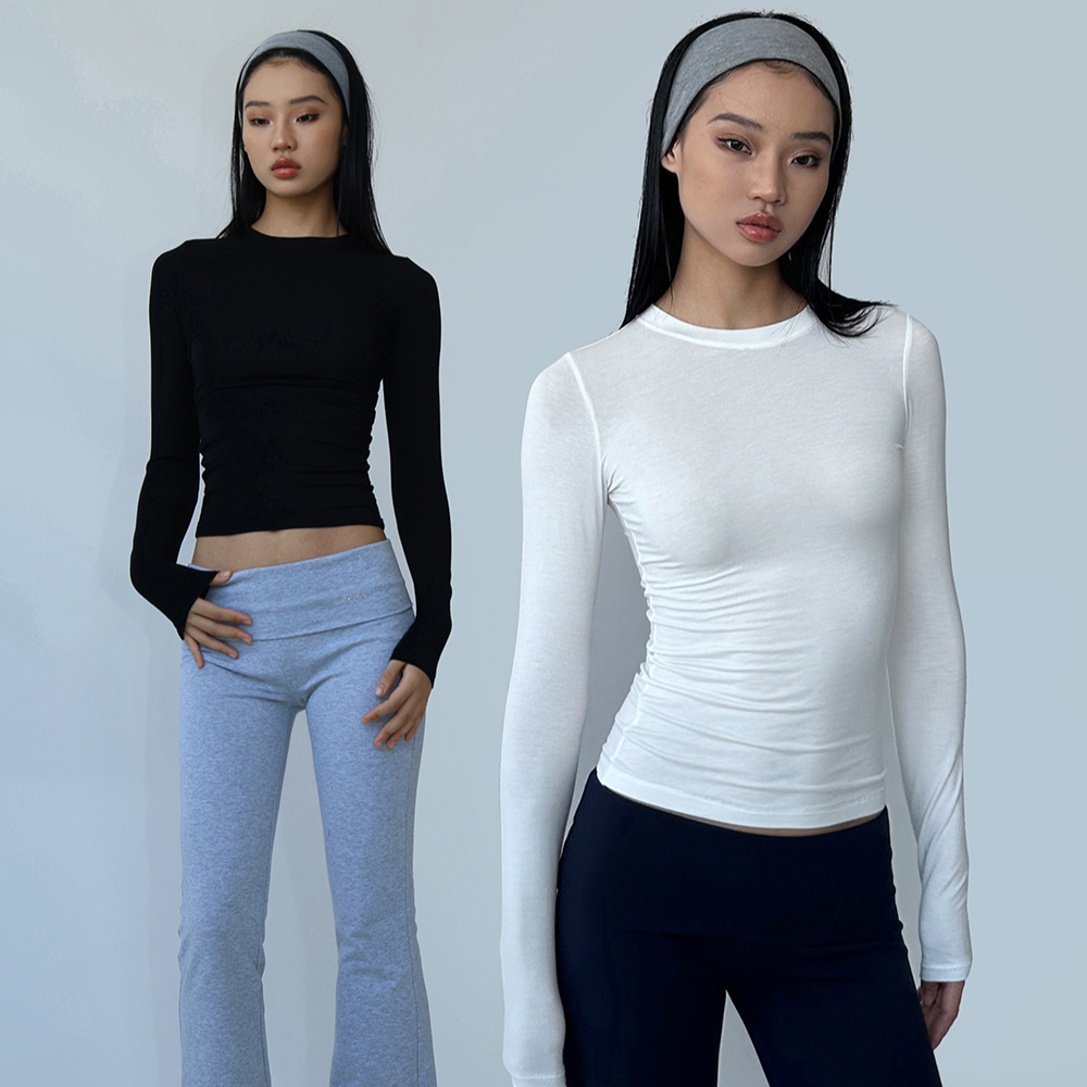 Audwyn圆领长袖t恤薄款莫代尔基础款修身显瘦气质百搭上衣打底衫