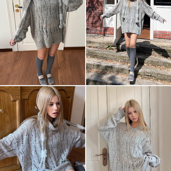 3789毛针织衫带围脖秋冬新款慵懒感镂空宽松显瘦长袖毛衣