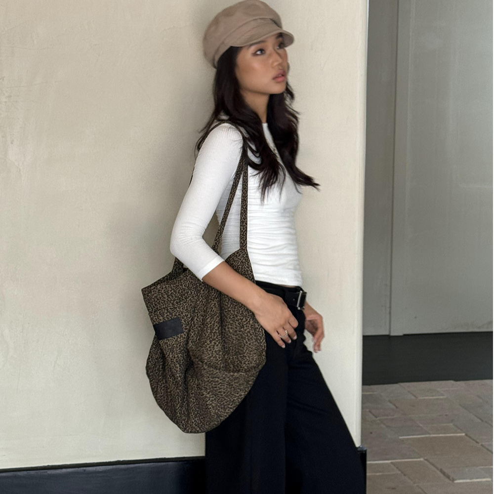 Audwyn豹纹帆布包美式复古大容量女慵懒风设计感百搭单肩包斜挎包