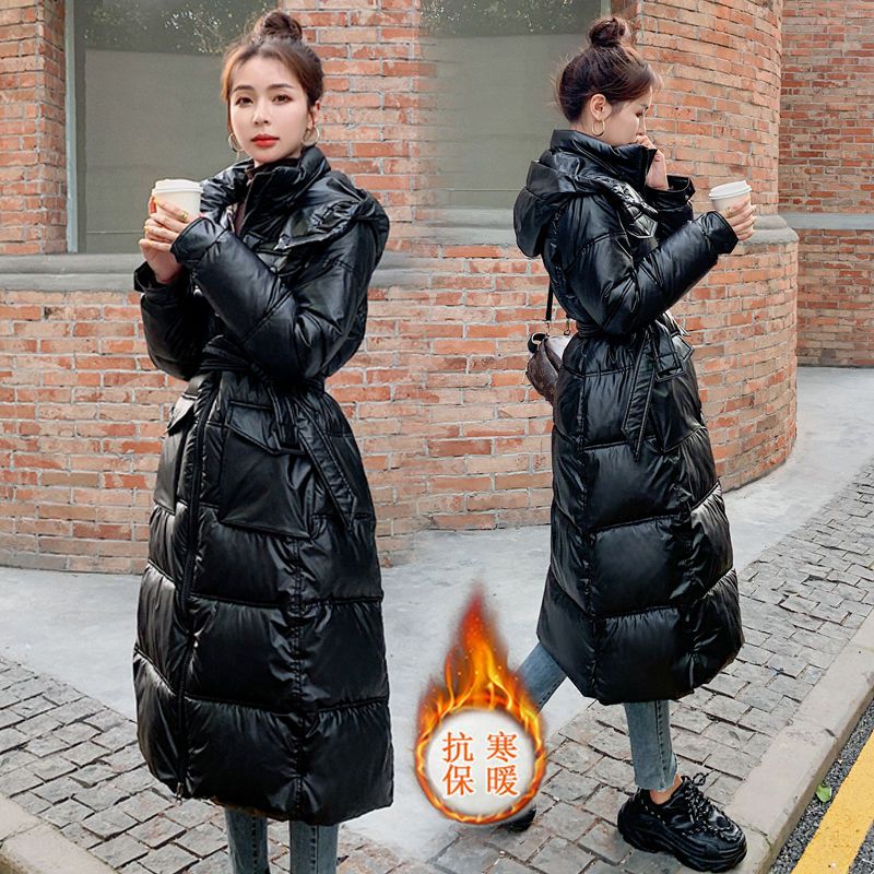 新潮羽绒服亮面免洗棉衣女过膝长款2024新款加厚系腰带羽绒棉服冬