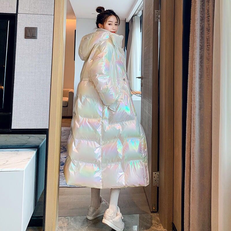 爆款羽绒2023新款爆款衣女士女款亮面炫彩免洗连帽过膝长款大