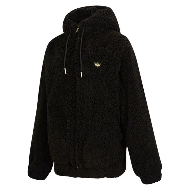 阿迪达斯冬季三叶草外套女黑色毛绒抽绳运动服保暖连帽外套HG6676