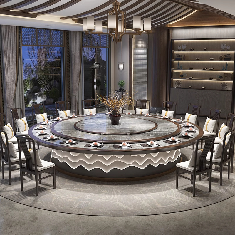 新中式酒店餐厅别墅餐桌岩板转盘电磁炉包厢1520人饭店火锅大圆桌