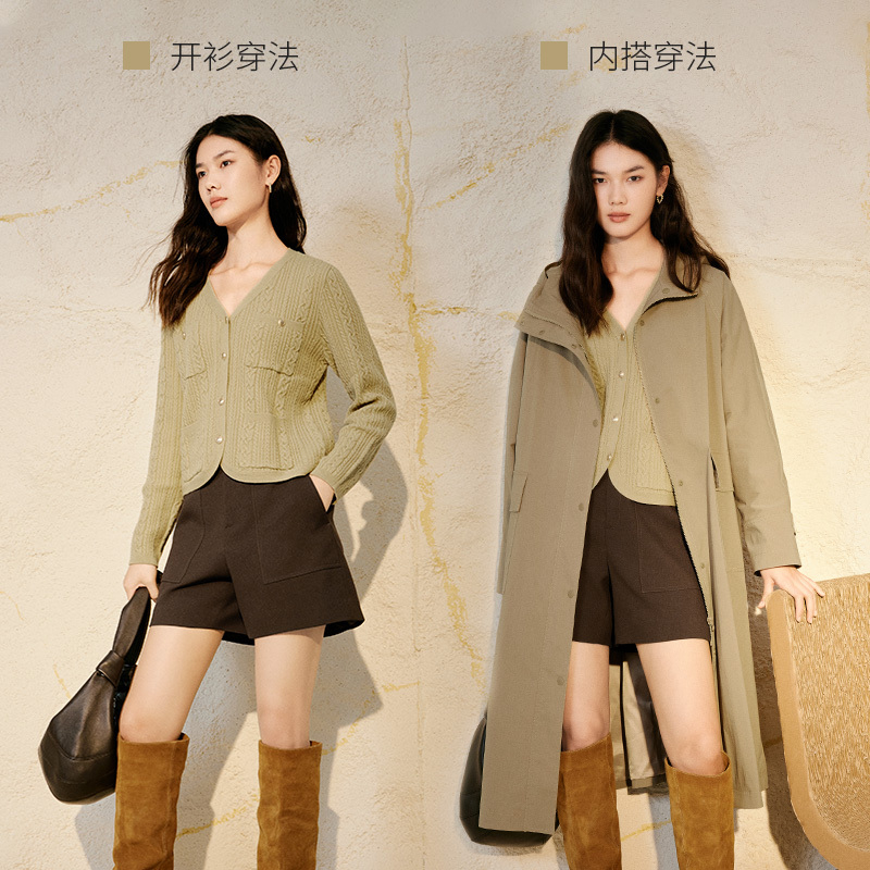 伊芙丽V领绞花驼色针织开衫女百搭上衣1E8931231