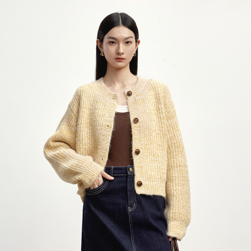 伊芙丽圆领慵懒粗线针织开衫外套百搭通勤女1F9934931