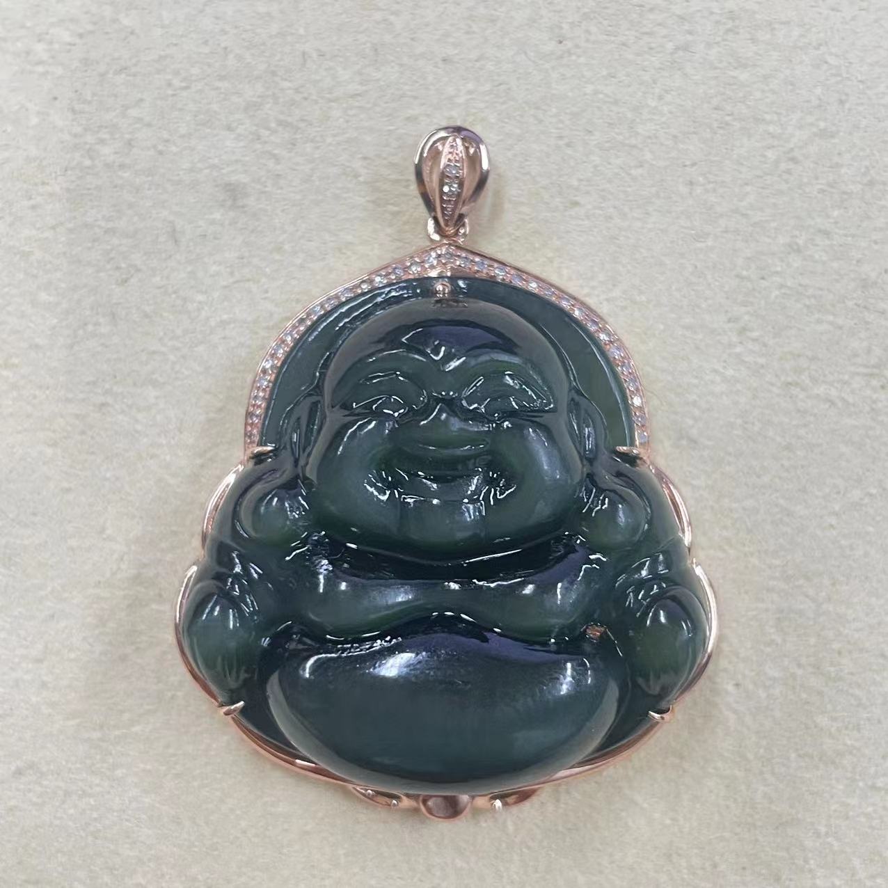 18k玫瑰金镶嵌和田玉猫眼佛公吊坠（多样性发货）QS-0185-2配链