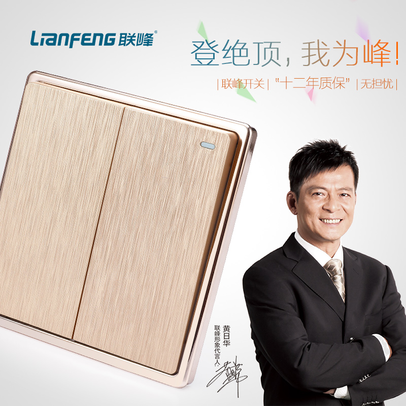 联峰开关插座 家用两开双开关86型面板金色拉丝双开双控墙壁开关