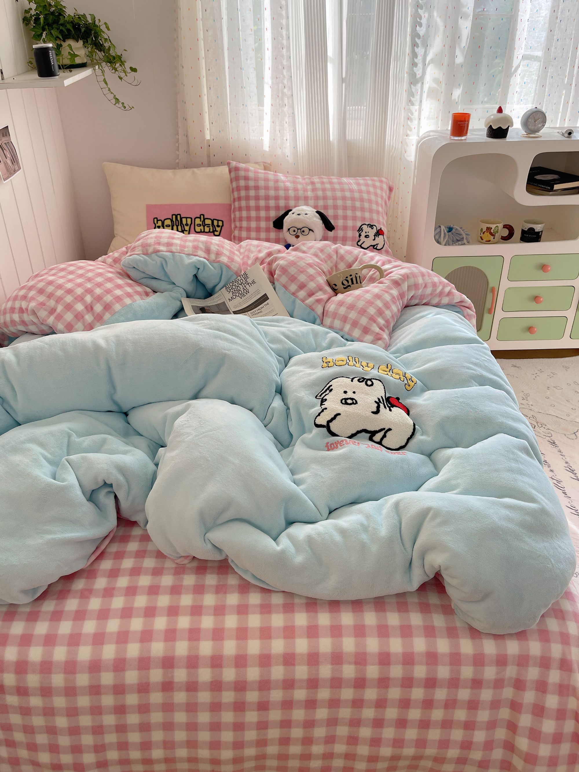 「梦皙」ins可爱毛巾绣牛奶绒四件套冬季加厚双面绒被套卡通三件套