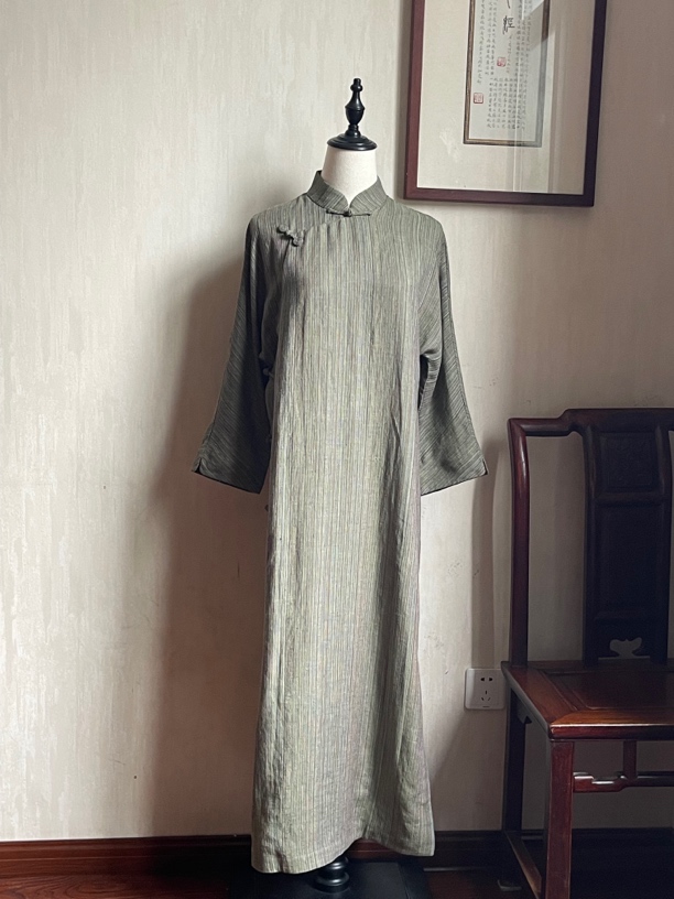 亚麻长袖大开襟宽松旗袍