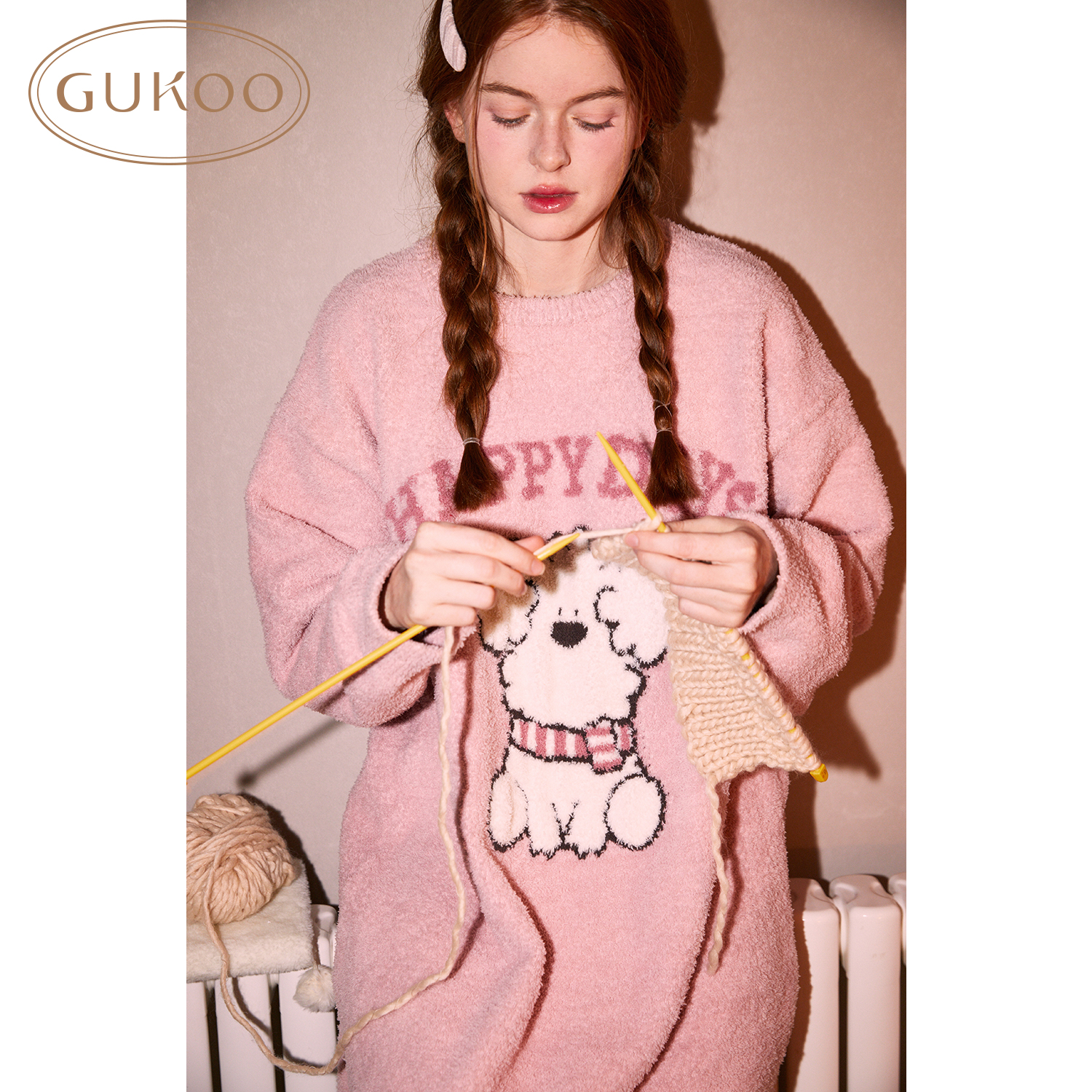 【Gukoo果壳】miiiiichan秋冬新款雪尼尔半边绒保暖宽松圆领女睡裙