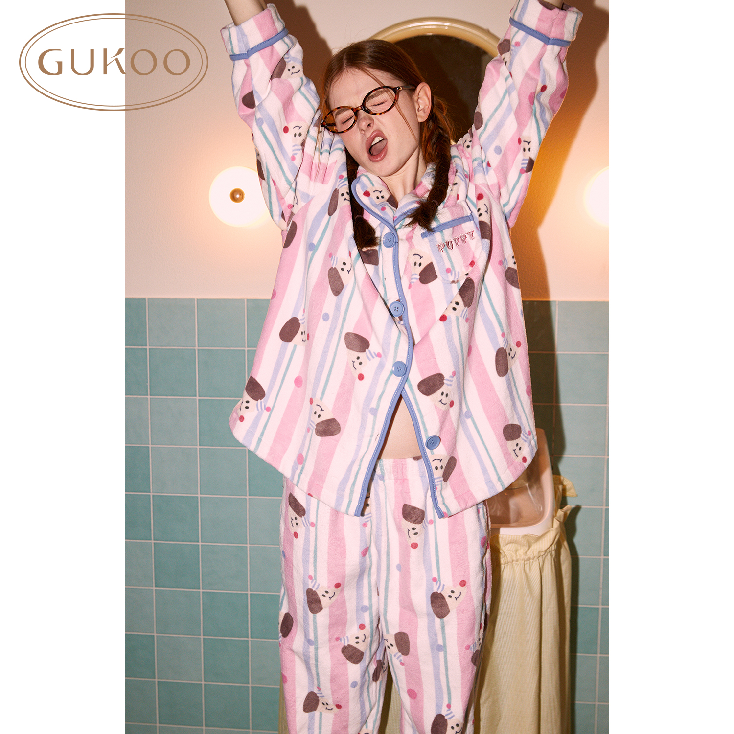 【Gukoo果壳】卡通小狗秋冬休闲条纹亲肤牛奶绒女式家居服套装