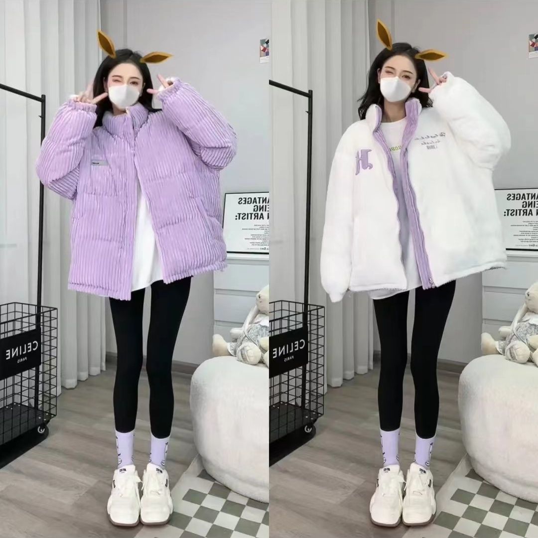 加绒加厚棉服外套女2023秋冬新款两面穿刺绣休闲百搭宽松面包服潮