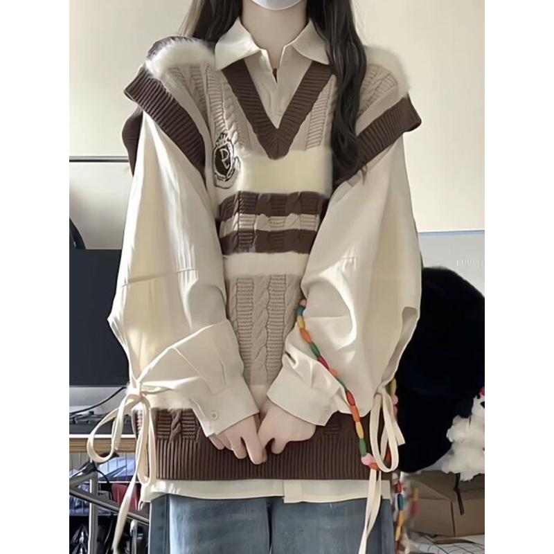 【爆款热卖中】两件套装/春秋季新款日系甜美学院风撞色v领针织马