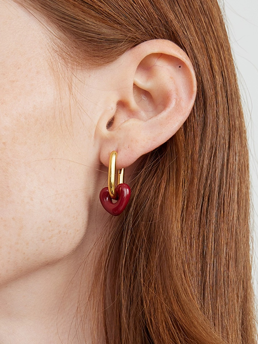 铜合金耳饰 美国热牌 单镀金珐琅彩红色爱心耳环ins法式复古耳饰