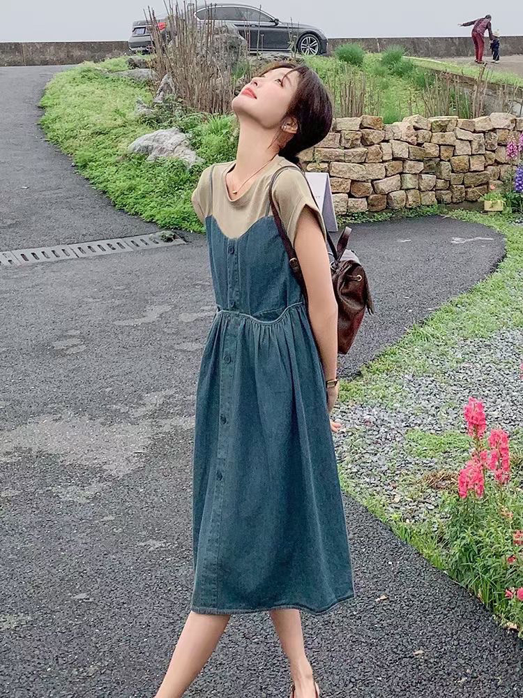 牛仔假两件连衣裙休闲款
