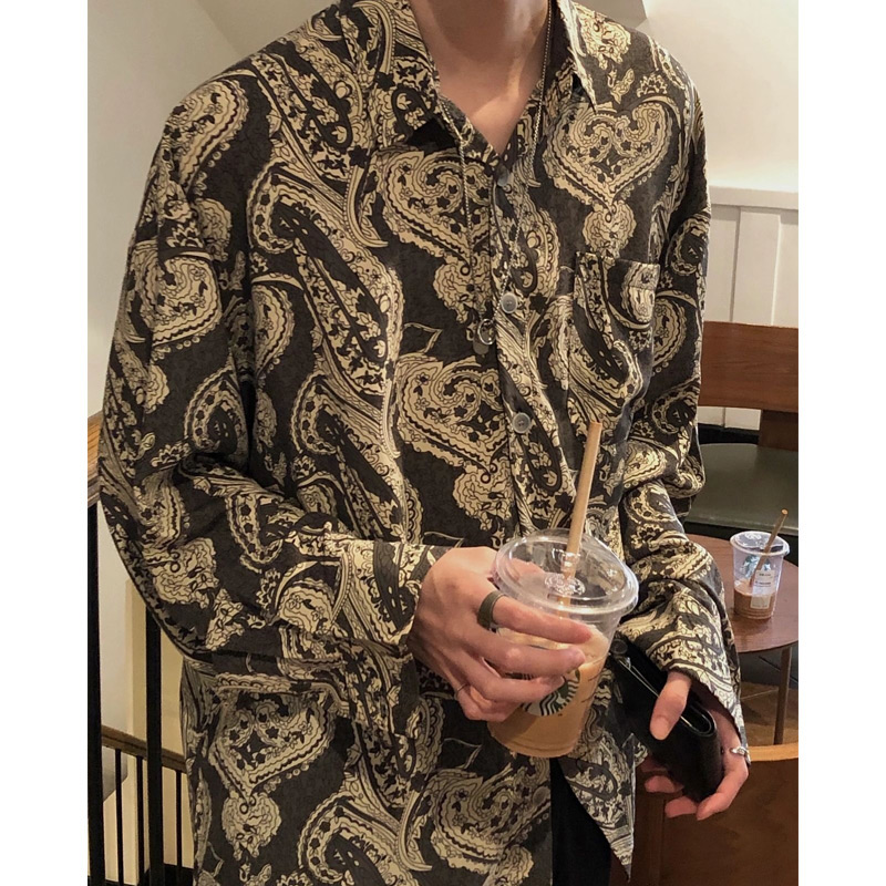 棕色腰果花衬衫男长袖垫肩高级感西装内搭衬衣古巴领那不勒斯外套