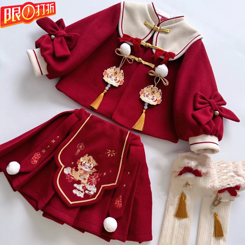 中国风红色新年套装冬装儿童洋气过年拜年服两件套新中式童装女童