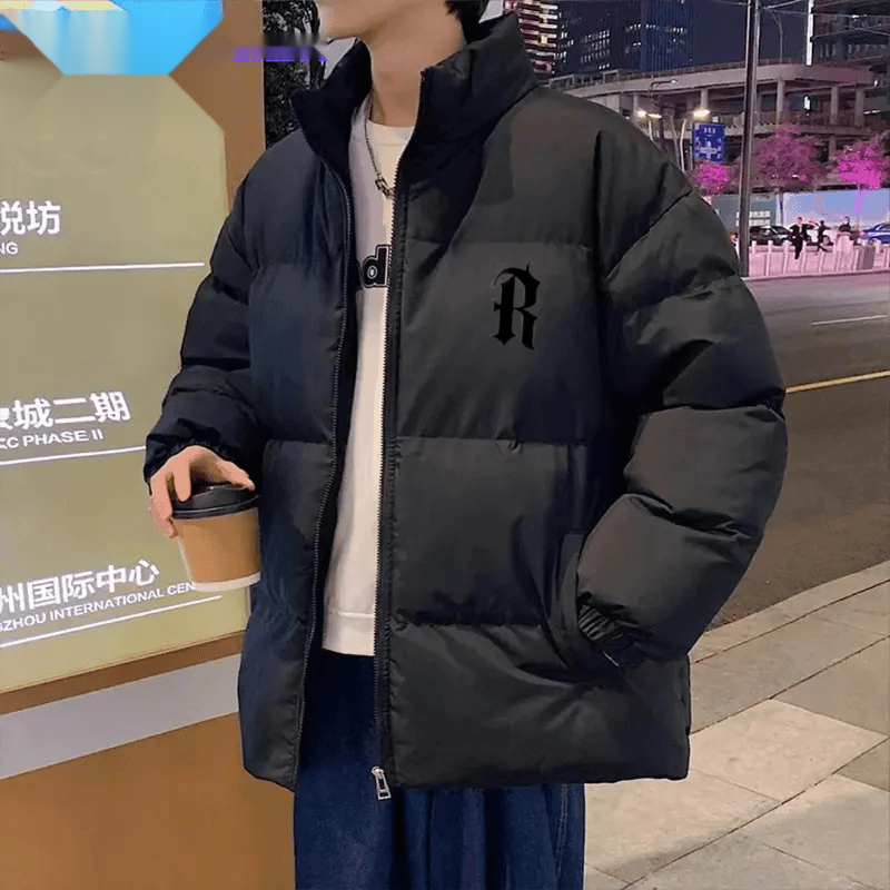 港风潮男棉服2023无帽款日系百搭棉袄时尚潮男宽松印花外套棉衣男