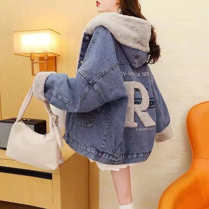 加绒加厚牛仔外套女短款小个子2023年新款秋冬宽松百搭服上衣潮