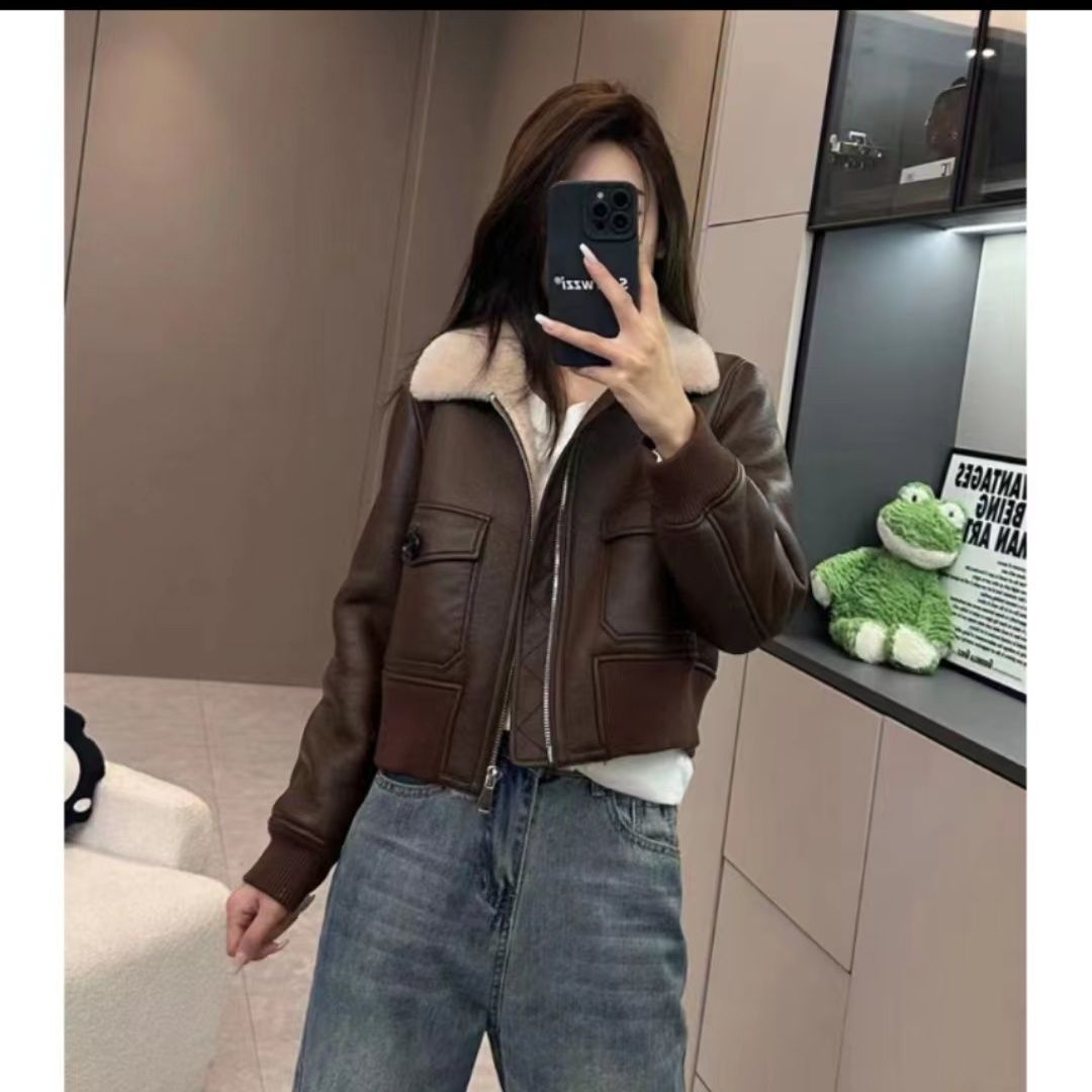 美拉德冬季短款衣小个子加厚夹克时尚女士毛绒毛机车服外套