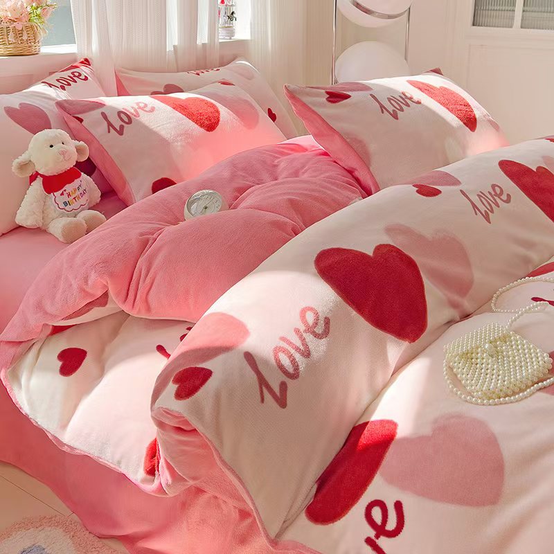 2024秋冬新款小清新双面牛奶绒四件套冬季保暖印花荷叶边床单款