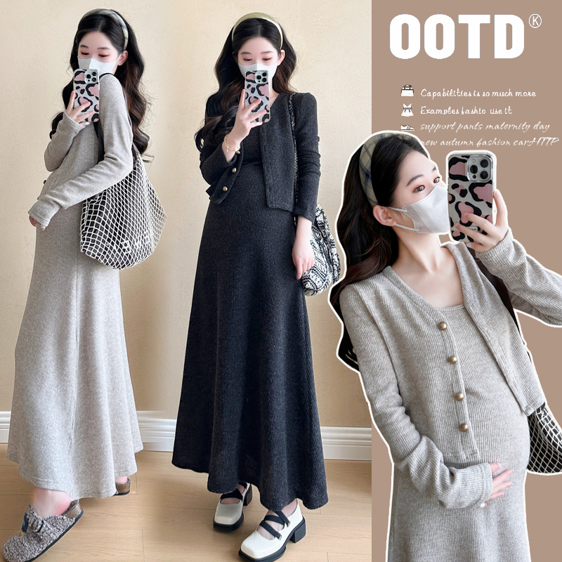 【苏安诺】孕妇套装2024秋冬新款针织宽松背心连衣裙时尚减龄两件套