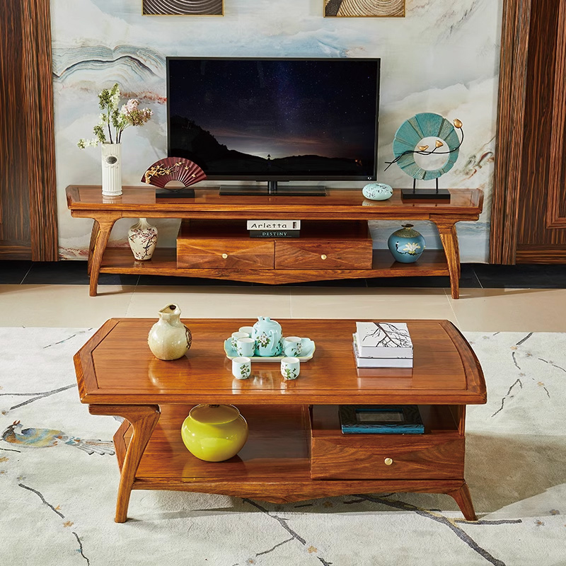 新中式乌金木电视柜茶几组合全实木电视机柜现代大小户型地柜木面