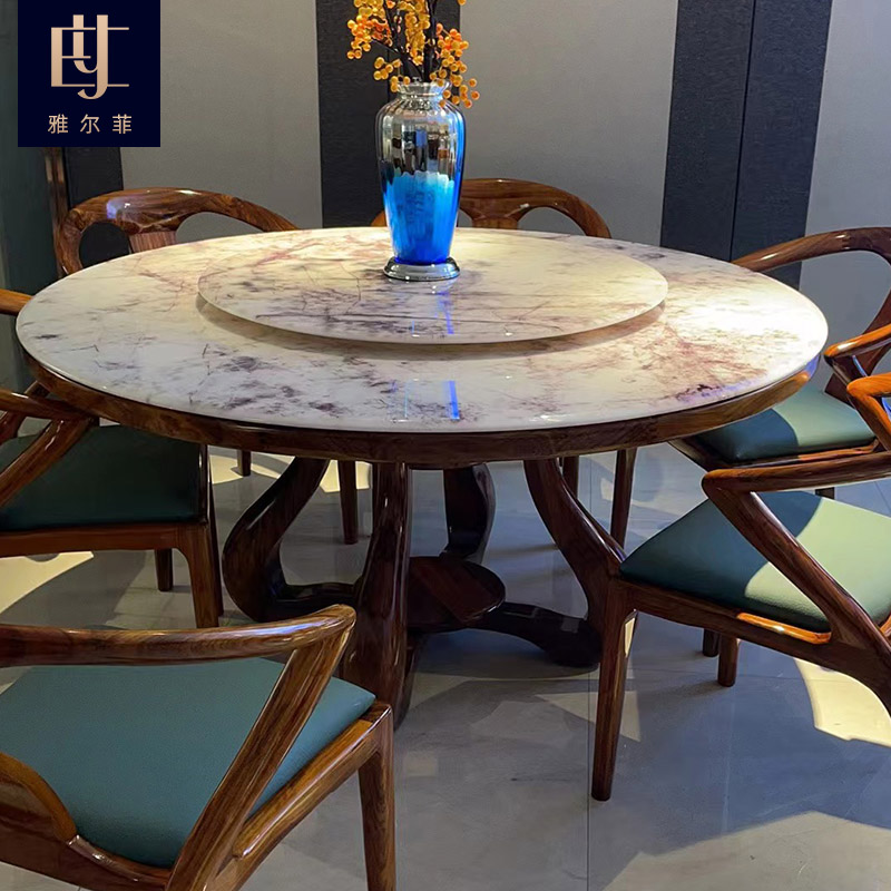 餐桌圆形餐桌1桌6椅带转盘1.3米、1.5米乌金木实木大理石实木饭桌