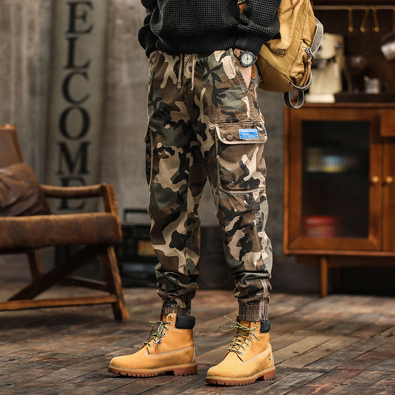 A8688男女同款-潮牌迷彩工装裤松紧腰系带束脚休闲长裤2023秋冬款