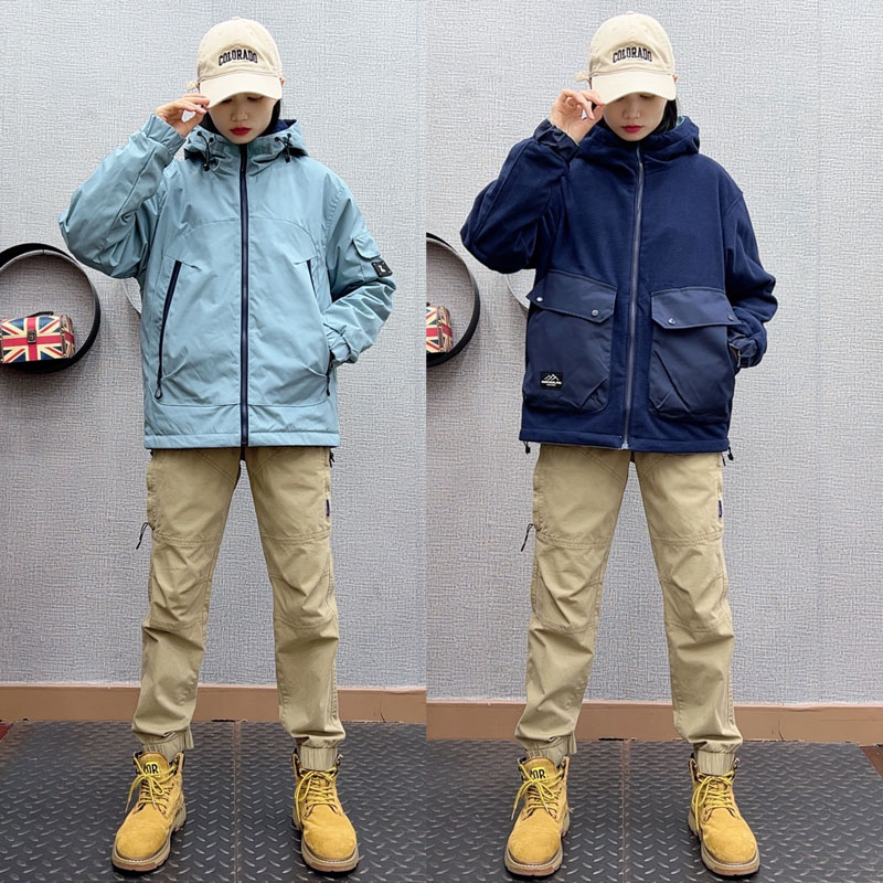 加绒连帽冲锋衣男女秋冬季2024新款休闲工装加绒夹克潮牌山系外套