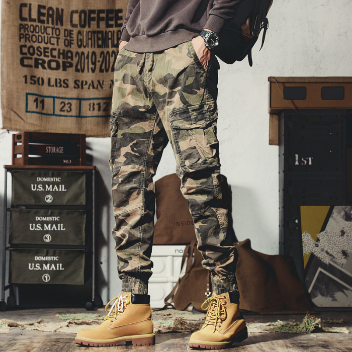 2023新款潮牌复古美式迷彩工装裤男束脚哈伦裤多口袋拉链休闲长裤