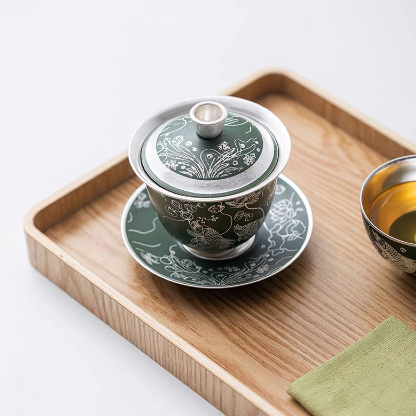 【工美上新】三才盖碗手工鱼戏银莲鎏银功夫茶具精致陶瓷茶杯泡茶碗