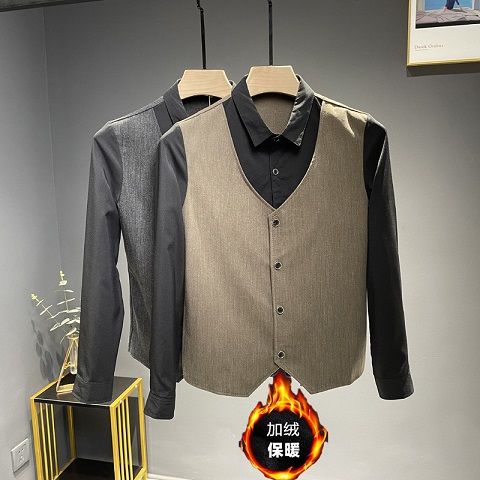 秋冬加绒假两件马甲衬衫男长袖发型衬衣酒吧ktv服务员工作服上衣