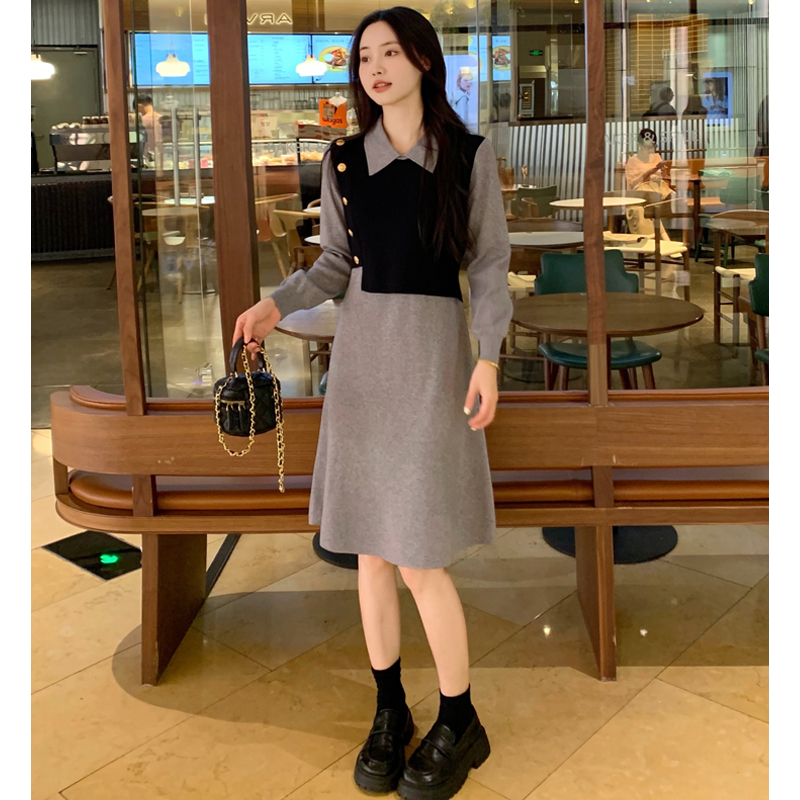 艾墨儿2025秋冬复古气质法式Polo领高级感拼接假两件连衣裙#88677