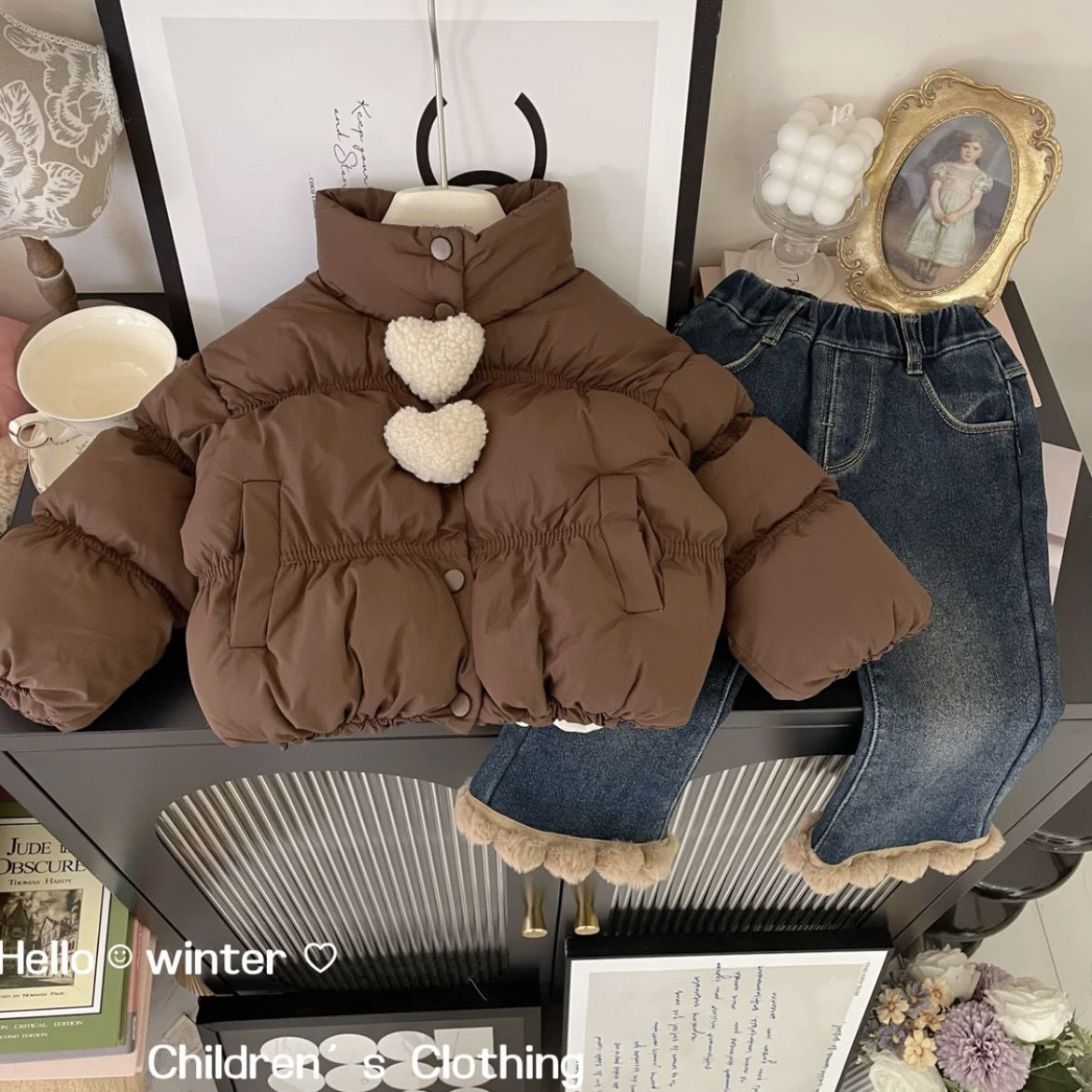 【小扬哥推荐】女童冬季棉服套装2023新款儿童加厚棉衣加绒牛仔裤