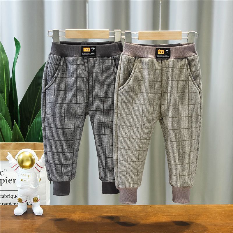 冬季大促裤子加绒儿童长裤秋冬装2023新款小男孩格子裤洋气宝宝休