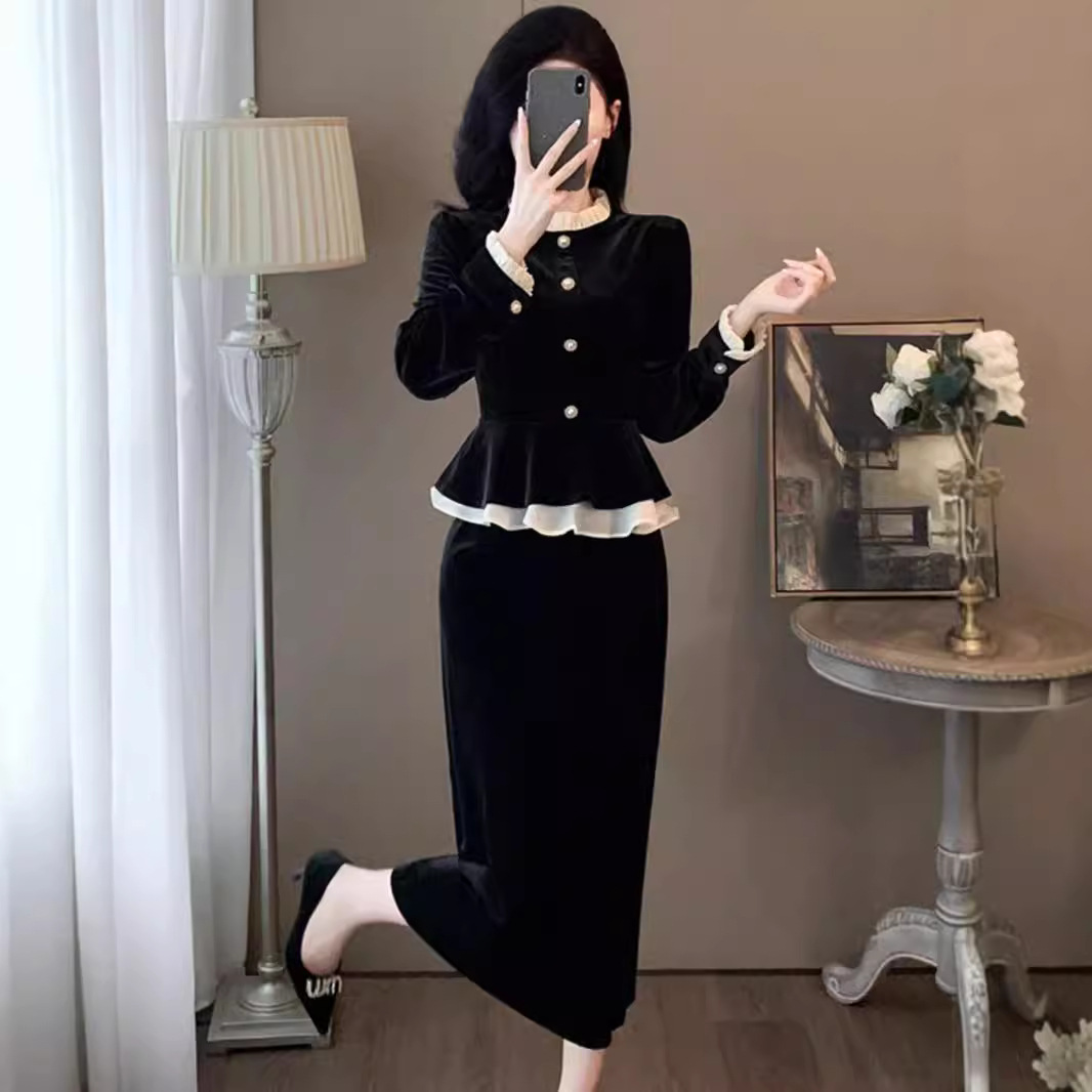名媛气质时尚套装女秋季2024新款小香风黑色长袖上衣半身裙两件套