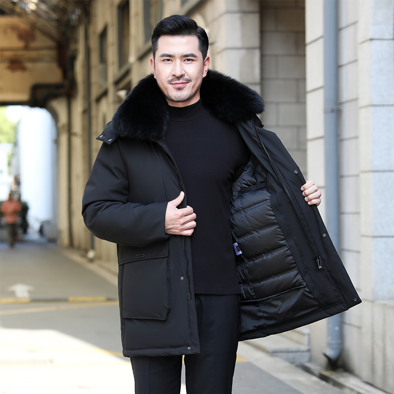 冬季高端90白鸭绒羽绒服男士中老年中长款可脱卸大毛领爸爸装