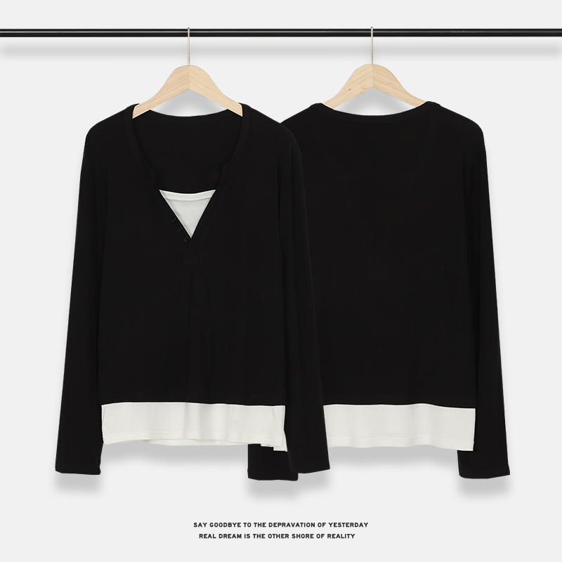 7055 新款假两件长袖纽扣时尚T恤女装修身显瘦设计风百搭休闲上衣