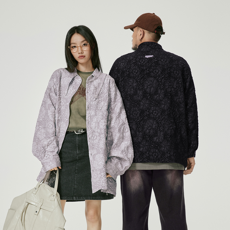 NMAX大码潮牌男装新款花卉提花肌理感衬衫个性立领情侣上衣ENC018