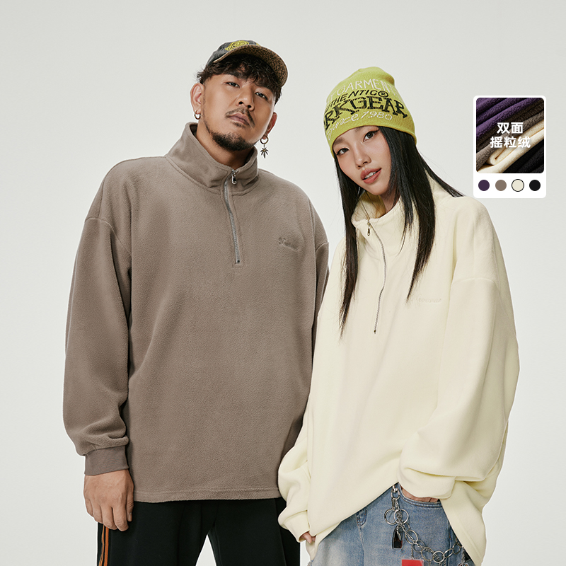 NMAX大码潮牌男装秋冬双面摇粒绒半门襟打底衫宽松保暖卫衣ENA062