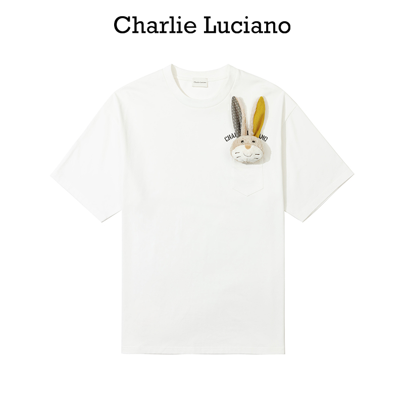CharlieLuciano兔子玩偶标识印花短袖T恤2025夏新款宽松情侣款潮