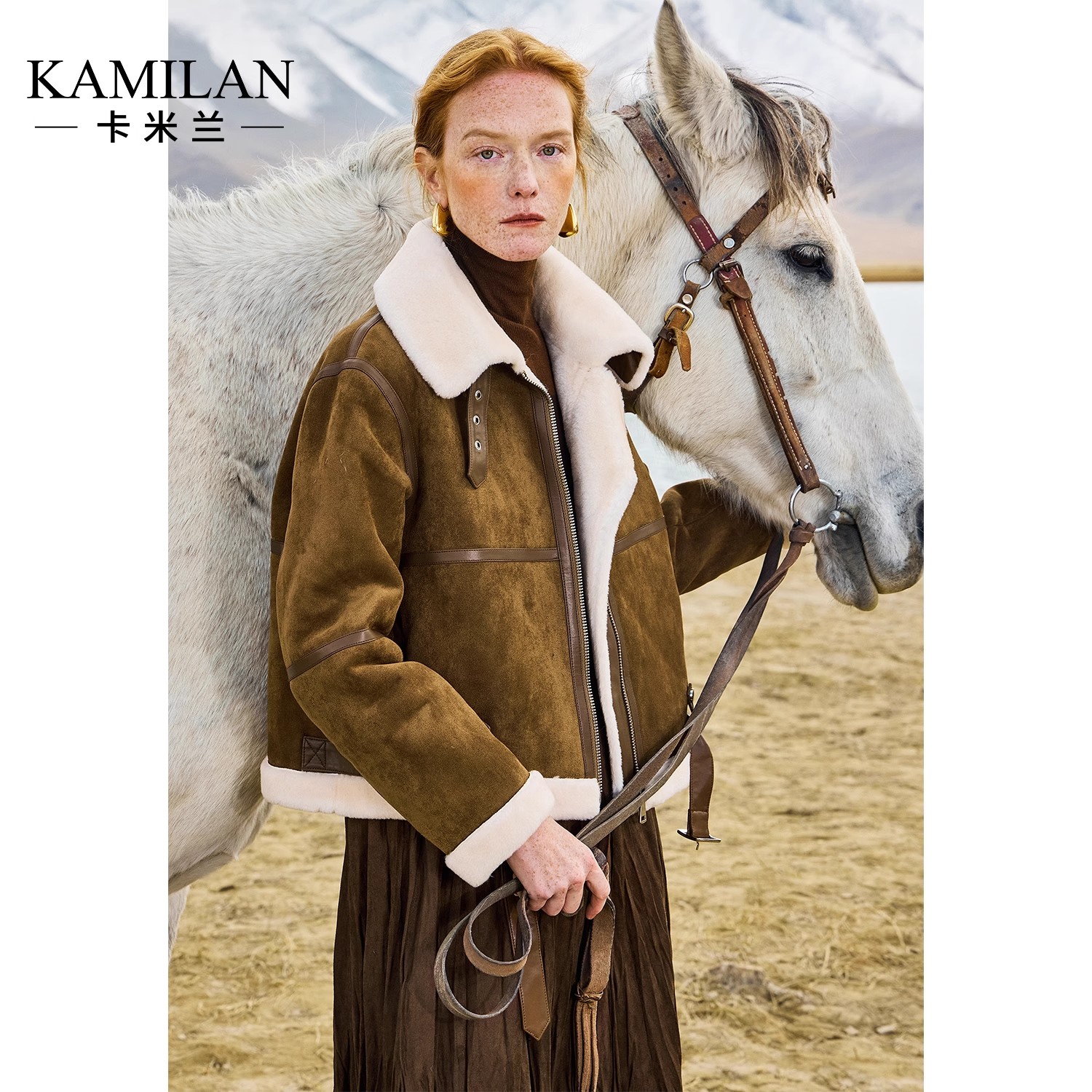 卡米兰羊剪绒外套女2024冬季新款时尚短款保暖毛毛外套两面穿