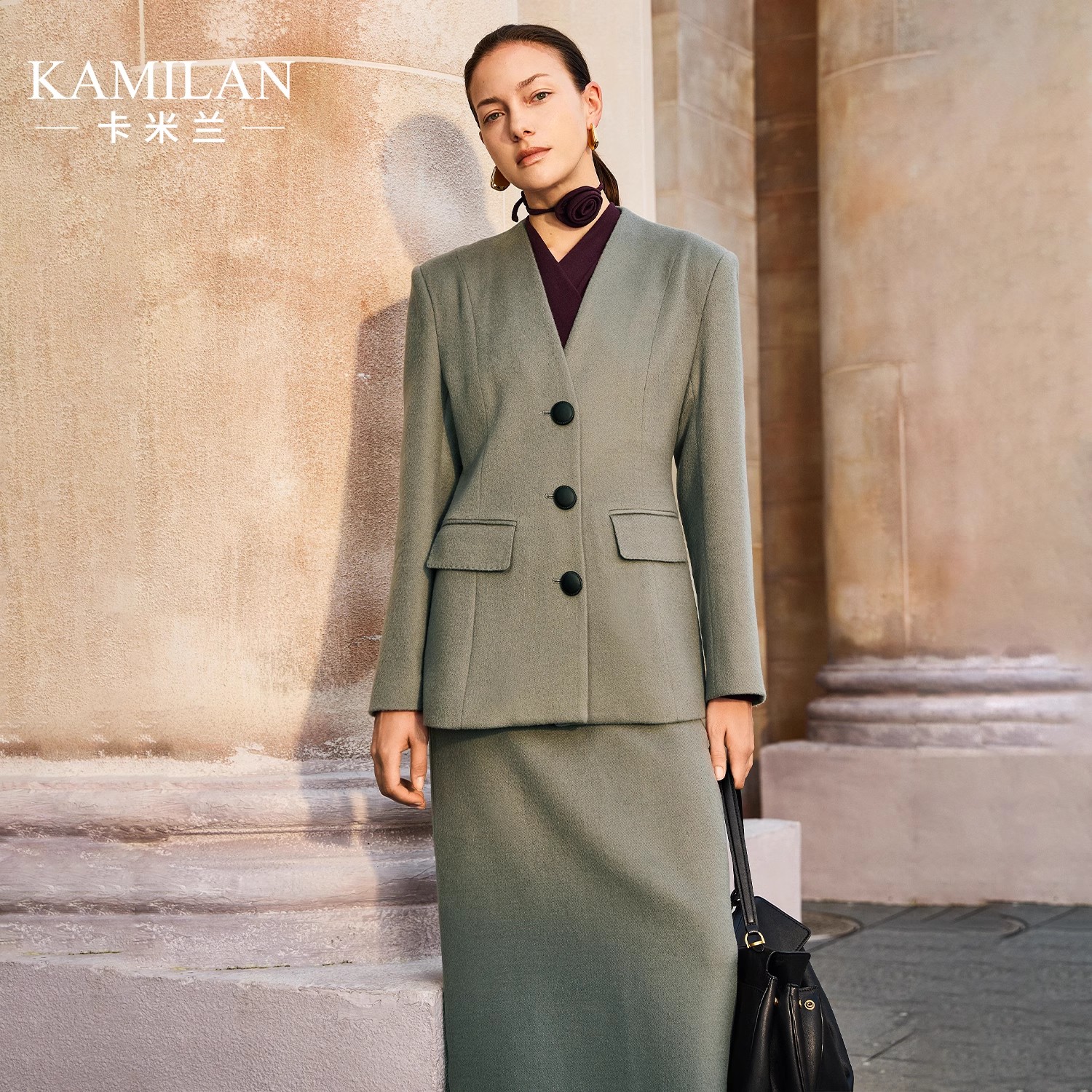 [100羊毛]卡米兰法式羊毛小西装女秋装2024年新款V领显痩西服外套
